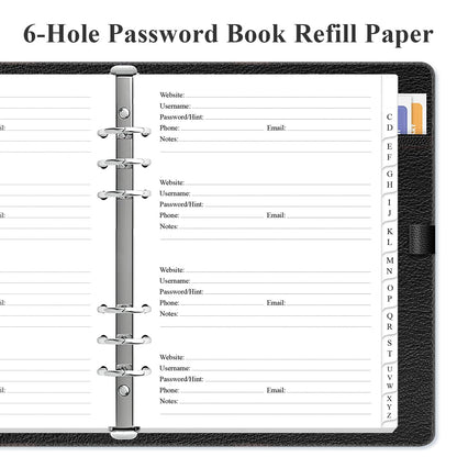 Password Book Refills for A5 Binder - A-Z Password Notebook Refill Paper with Alphabetical Tabs, 120gsm White Paper, 6-Hole Punehed, 5.8" x 8.3"