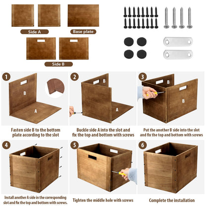 Menkxi 4 Pcs Stackable Wood Storage Cube for Shelves Closet Wooden Bins Box Wood Crates Storage Baskets Container for Toy Books Clothes Home Office, Dark Brown(14 x 10 x 10 Inch)