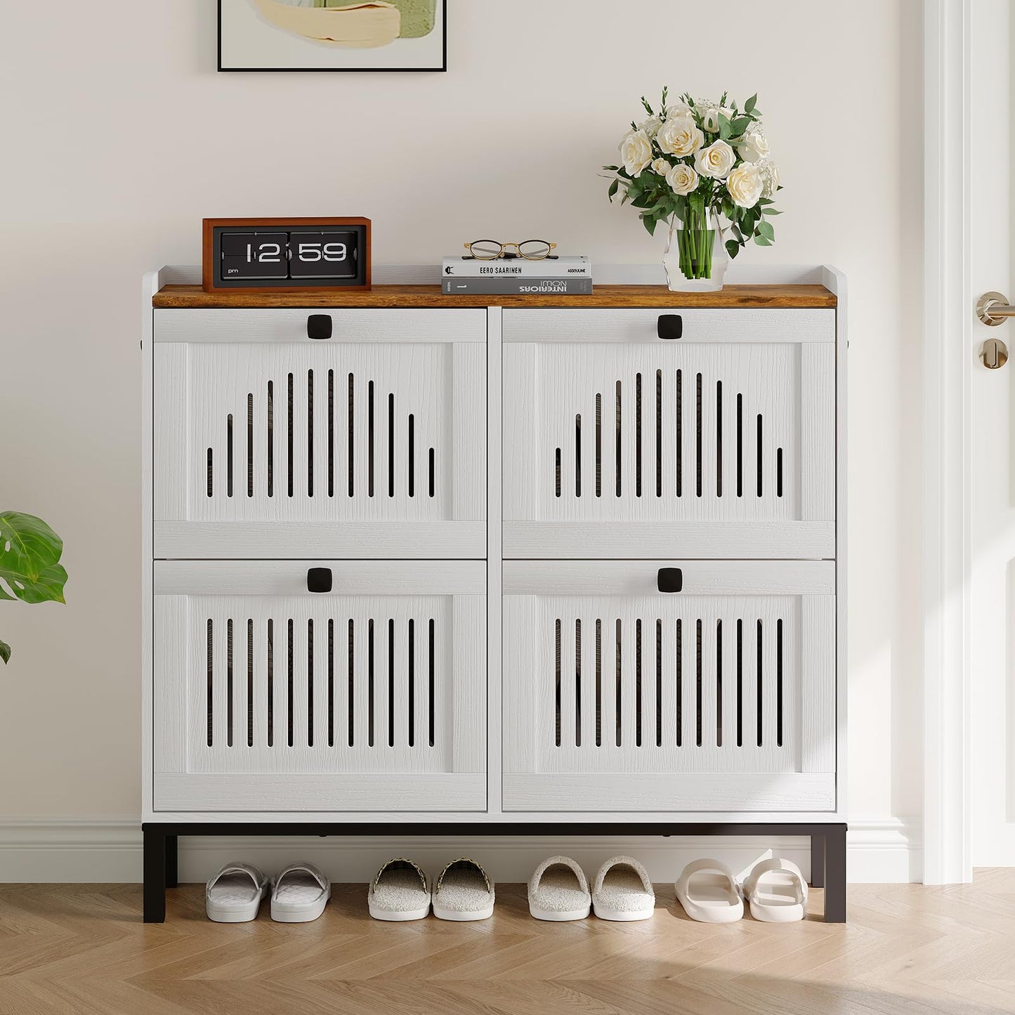 4-Door Flip Front Shoe Cabinet with Adjustable Shelves – Hidden Entryway Storage Organizer for Hallway, Foyer, Living Room – Freestanding Wooden Shoe Rack with Large Capacity & Modern Design, White