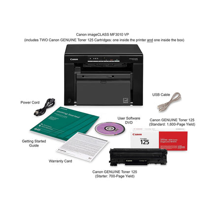 Canon imageCLASS MF3010 VP - Wired Monochrome Multifunction Laser Printer with Scanner, Copier, USB Cable Included, Up To 2,300 Page Toner Yield in Box, 19 PPM, Black