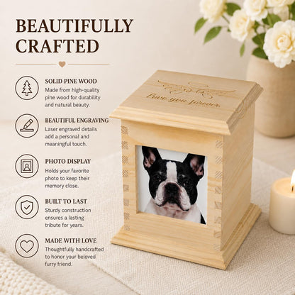 Pet Memorial Urn for Dogs & Cats with Photo Frame, Wooden Keepsake Ashes Box with Engraved Lid, Sympathy Gift for Loss of Pet, Decorative Memorial Box for Home Display