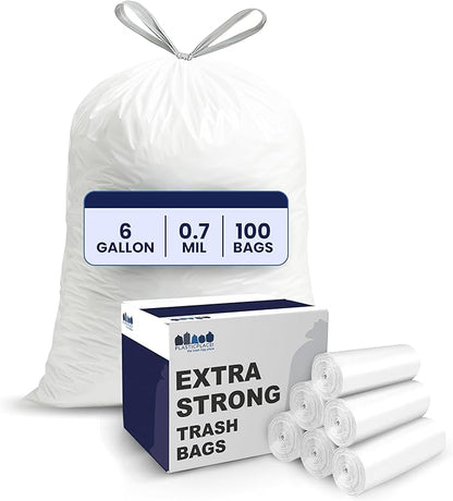 Plasticplace 6 Gallon Trash Bags White Drawstring Garbage Can Liners, 17” x 20”