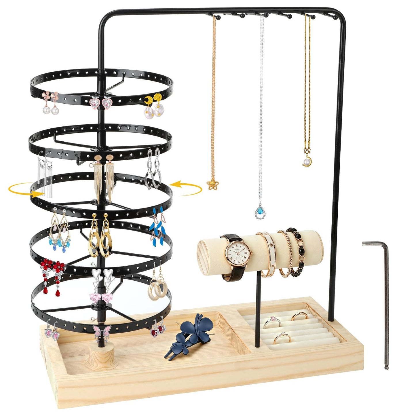 5-Tier Rotating Jewelry Organizer,Earring Holder Tree with Necklace Hooks, Bracelet Holder & Wooden Base, Multi-Functional Jewelry Stand for Women (Earring Rack, Necklace Organizer, Jewelry Tower)