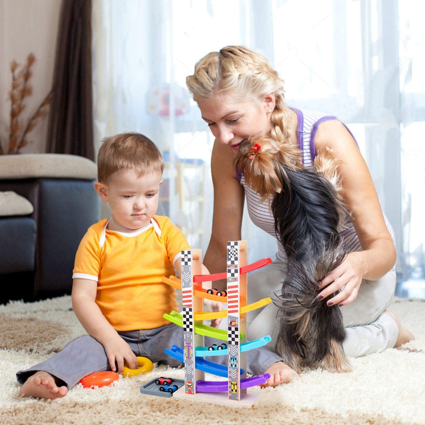WOOD CITY Toddler Toys for 1 2 3 Years Old, Wooden Car Ramp Racer Toy Vehicle Set with 7 Mini Cars & Race Tracks, Montessori Toys Craft Gift for Toddlers Boys and Girls
