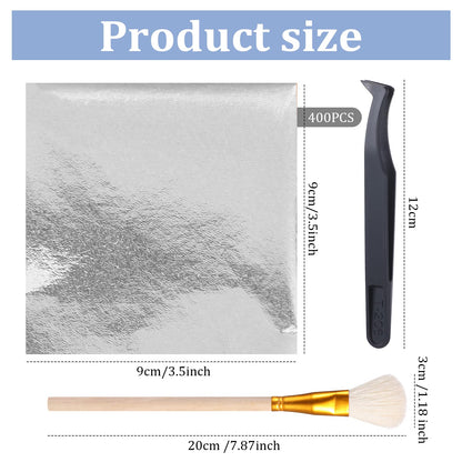 Maitys 400 Pcs Imitation Gold Leaf Sheet, for Art Silver Foil Sheet Set with Brush and Nipper for Painting Gilding Picture Frame Sculpture DIY Craft Decoration Furniture, 3.5 x 3.5 Inches(Silver)