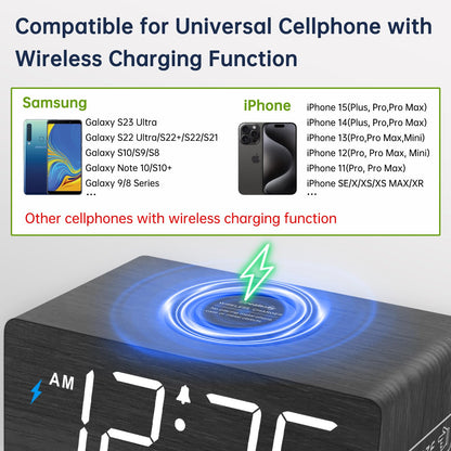 DreamSky Wooden Digital Alarm Clock with Wireless Charging for Bedroom, Bedside Nightstand Clock with Charger Station, USB Port, Large Numbers, Adjustable Volume, Brightness Dimmer, DST