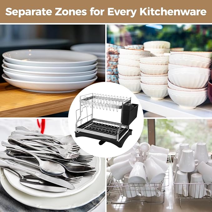 OMISTAR 2 Tier Dish Drying Rack, Large Dish Rack for Kitchen Counter, Stainless Steel Dish Rack with Drainboard and Utensil Holder, Cup Holder, Cutting Board Holder