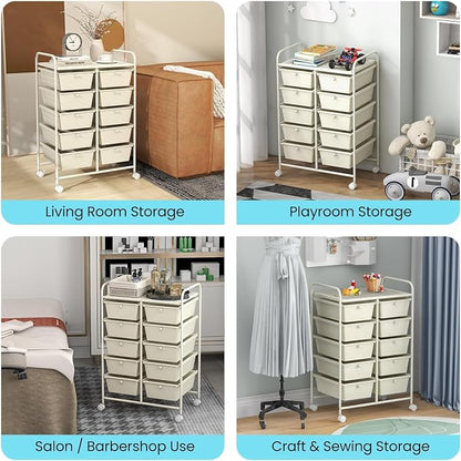 LDAILY 10 Drawer Rolling Cart, Storage Cart Organizer on Wheels, Drawer Cart with Metal Frame & Large Storage Capacity, Rolling Cart with Drawers for Living Room Classroom, Office