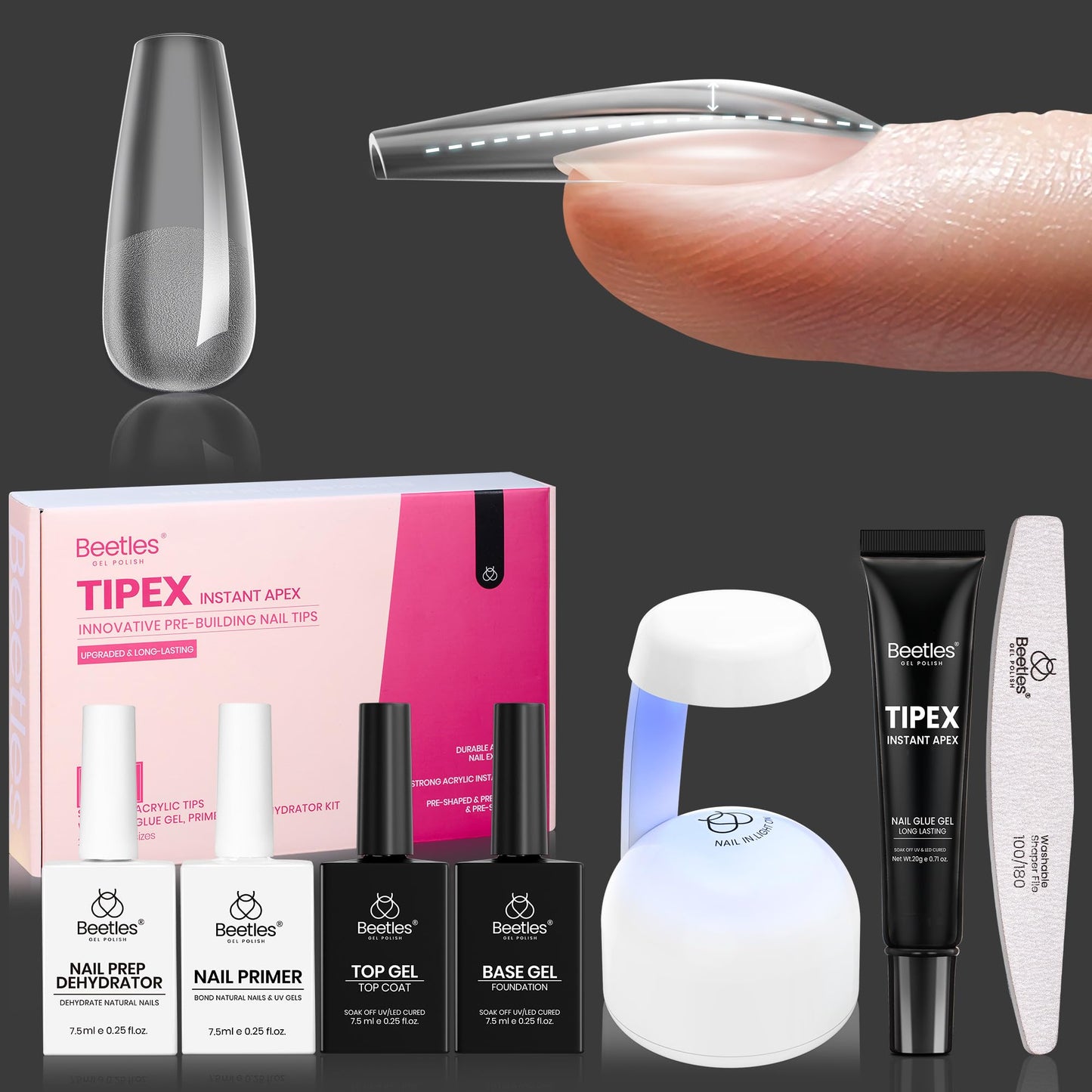 Beetles Tipex Instant Apex Nail Tips Kit, Coffin Long 224Pcs 16 Sizes Pre-Building & Pre-Etched Thicker Acrylic Nails False Nail Extension with Tipex Nail Glue Mini Nail Lamp