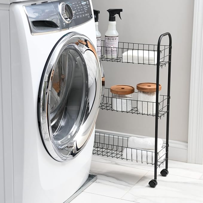 Household Essentials Matte Black Slim, 3 Shelf Storage Cart with Wheels