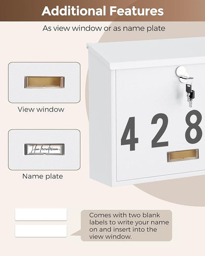 LAND·VOI Locking Wall-Mount Mailbox for Outside, with 4 Keys, Galvanized Steel Rustproof Metal Postbox, 4" Dx13.8 Wx11.2 H, Includes 3 Sets of Mailbox Numbers, Nameplate, White