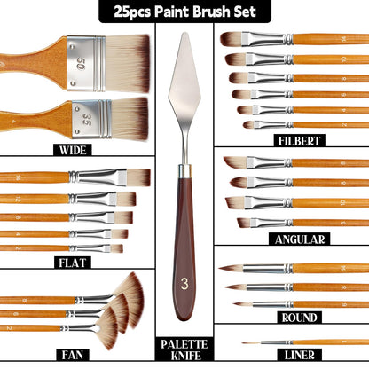 Halobios 25pcs Paint Brush Set, Professional Paint Brushes with Canvas Roll and Palette Knife, Acrylic Paintbrush Kit for Artist,Watercolor,Oil,Gouache