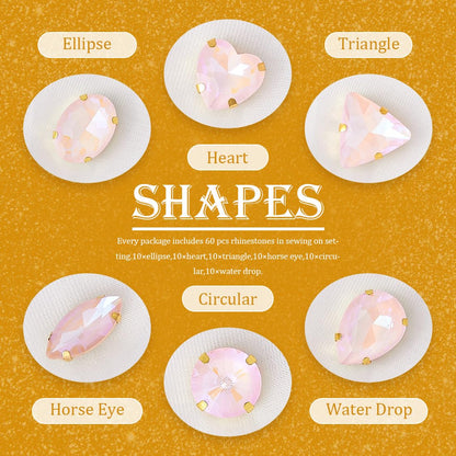 TANOSII Sew on Rhinestones 60 PCS Mixed Shapes Glass Rhinestones Sew on Crystal Gems Mental Flatback with Golden Claw for Jewelry Crafts Clothes Shoes Costume Garment Pink