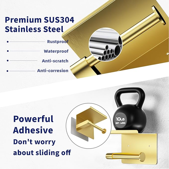 GLNLQ Brushed Gold Toilet Paper Holder Wall Mount, Fits Mega Rolls Size Rustproof Self Adhesive Brushed Brass Toilet Paper Holder Gold with Shelf