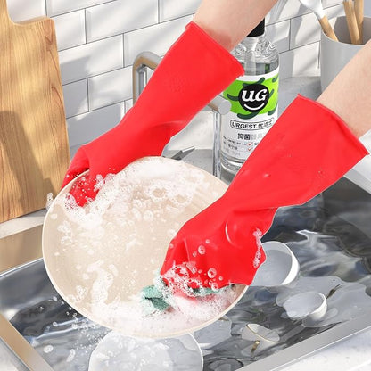 Rubber Cleaning Gloves for Dishwashing - 4 Pairs Kitchen Gloves for Washing Dishes, Reusable Household Gloves for Bathroom, Gardening (Small, Red & Beige, 2 Pairs of Each Color)