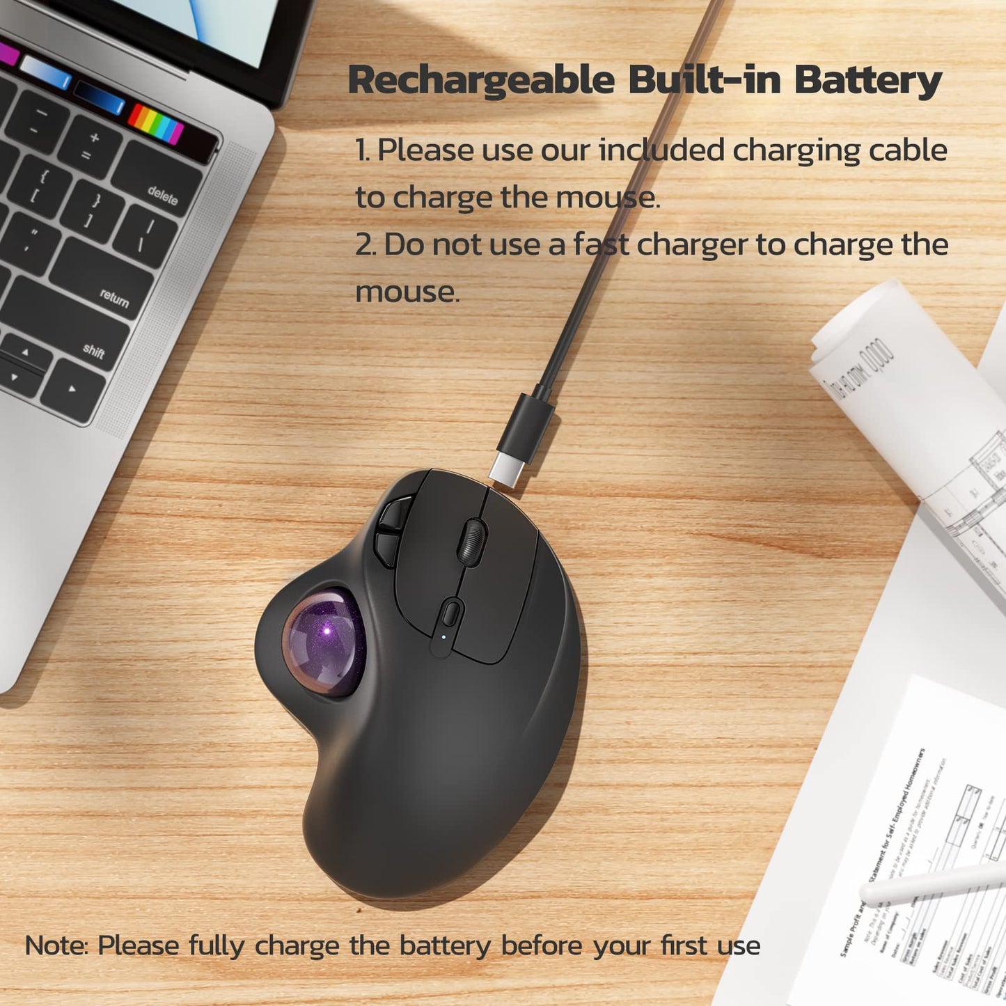 Nulea M501 Wireless Trackball Mouse, Rechargeable Ergonomic, Easy Thumb Control, Precise & Smooth Tracking, 3 Device Connection (Bluetooth or USB Receiver), Compatible for PC, Laptop, Mac, Windows.