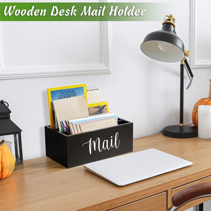 DRASTAR Mail Organizer Countertop, Wooden Mail Holder with 3 Slots, Desktop Mail Organizer, Black Mail Sorter for Home Office Accessories