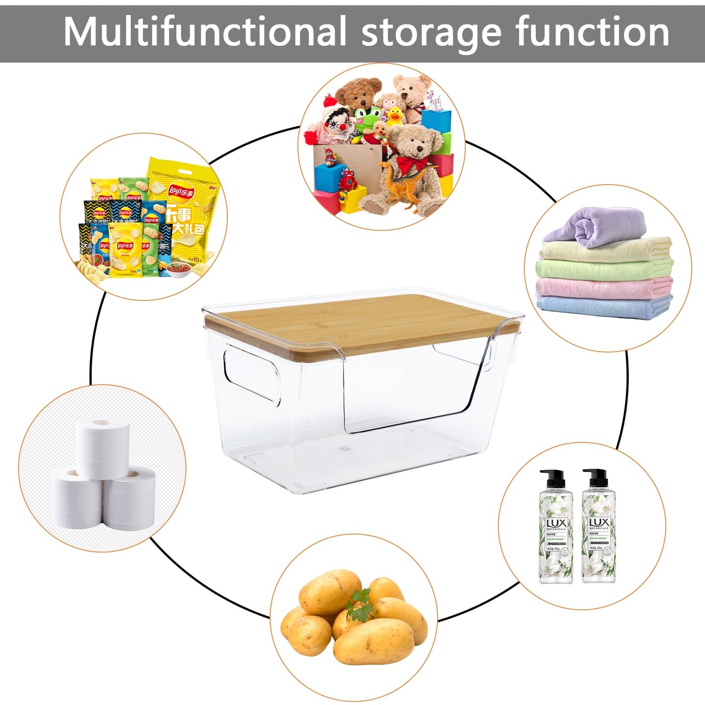 Yomjarl 2 Pack Snack Station Organizer for Pantry Shelf,Snack Bar Station Storage Basket with Handle & Wooden Lid,Stackable Plastic Baskets for Storage Pantry Bins Organizer,Kitchen Organization Box