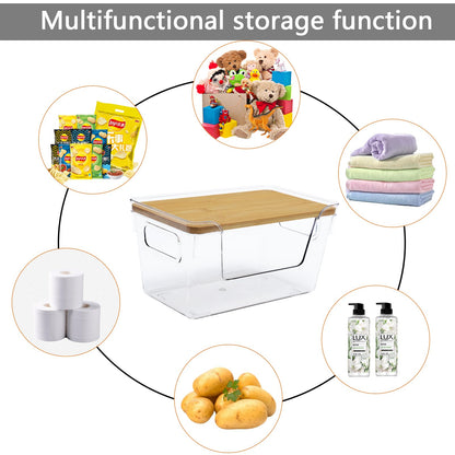 Yomjarl 2 Pack Snack Station Organizer for Pantry Shelf,Snack Bar Station Storage Basket with Handle & Wooden Lid,Stackable Plastic Baskets for Storage Pantry Bins Organizer,Kitchen Organization Box