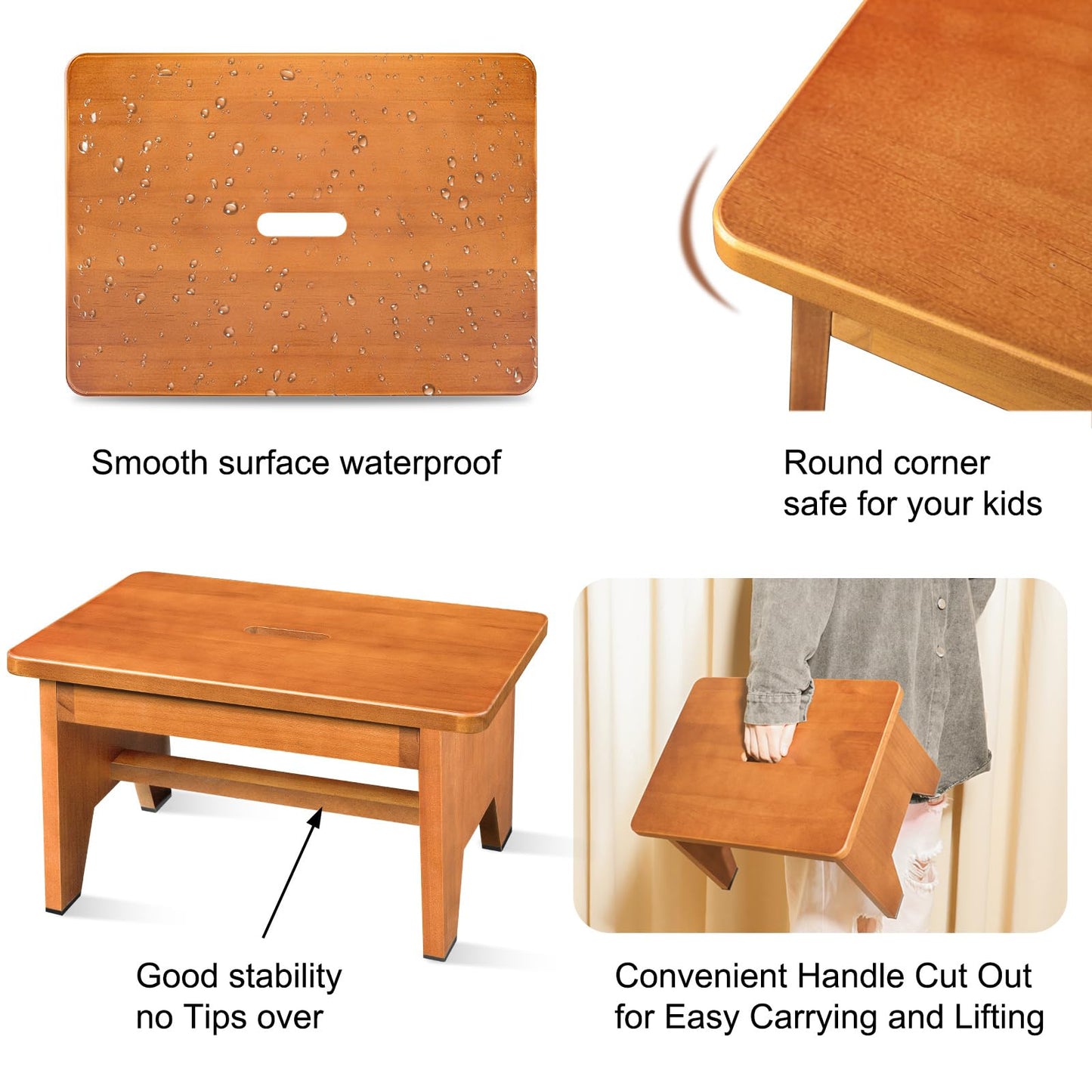 Wooden Step Stool for Adults,9.1''High One Step Stool for High Bed/Kitchen Riser,550 Lbs Beside Step for Elderly Kids-Sturdy/Durable Footstool,Nonslip Stepping Stool for Bedroom/Kitchen/Bathroom