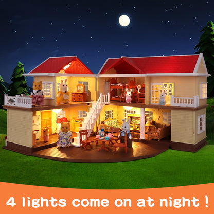Family Cozy Cabin Doll House Playset, Dollhouse Furniture and Accessories,DIY Cottage Pretend Play Dollhouses, for Toddlers, Boys & Girls