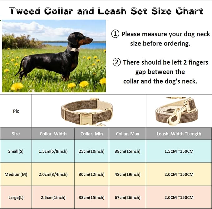Luxury Soft Cotton Tweed Fabric Dog Collar & Leash Set with Gold Buckle – Durable Fabric, Stylish Design for Everyday Walks(Small Coffee)