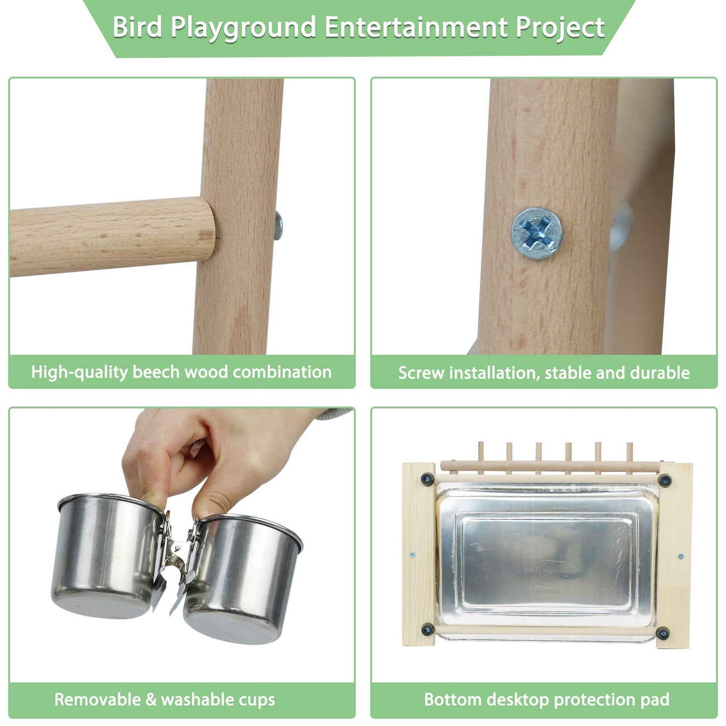 Ibnotuiy Parrot Playstand Bird Playground Birdcage Wood Perch Stand Ladder Swing with with Feeder Cups Birds Play Gym Cockatiel Playground Include Hanging Bell Swing Ladders