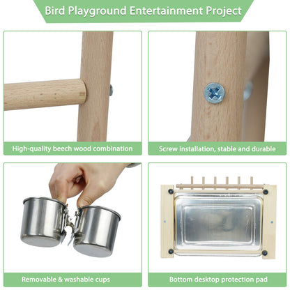 Ibnotuiy Parrot Playstand Bird Playground Birdcage Wood Perch Stand Ladder Swing with with Feeder Cups Birds Play Gym Cockatiel Playground Include Hanging Bell Swing Ladders