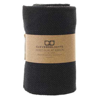 CleverDelights 6" Black Burlap Ribbon - Wired Edges - 10 Yards - Jute Burlap Fabric
