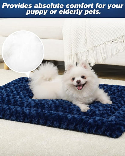 Washable Dog Bed Mat Ultra Soft Dog Crate Pad Comfy Fluffy Pet Kennel Beds Sleeping Mattress for Large Jumbo Medium Small Dogs, 36 x 23 Inch, Blue