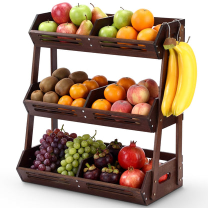 Briwooody 3 Tier Fruit Basket for Kitchen Counter Fruit Storage Large Wood Vegetables Basket with Banana Hooks Bowl Stand Holder Snack Organizer Countertop Onion Bread Pantry