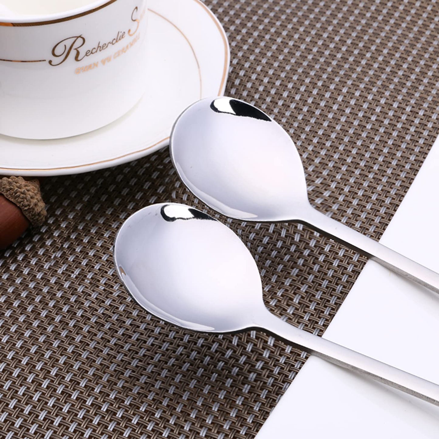 IQCWOOD Spoons, 8 Pieces Korean Spoon, 8.5 Inch Stainless Steel Table Soup Spoons with Long Handles for Home, Kitchen, or Restaurant Flatware Set