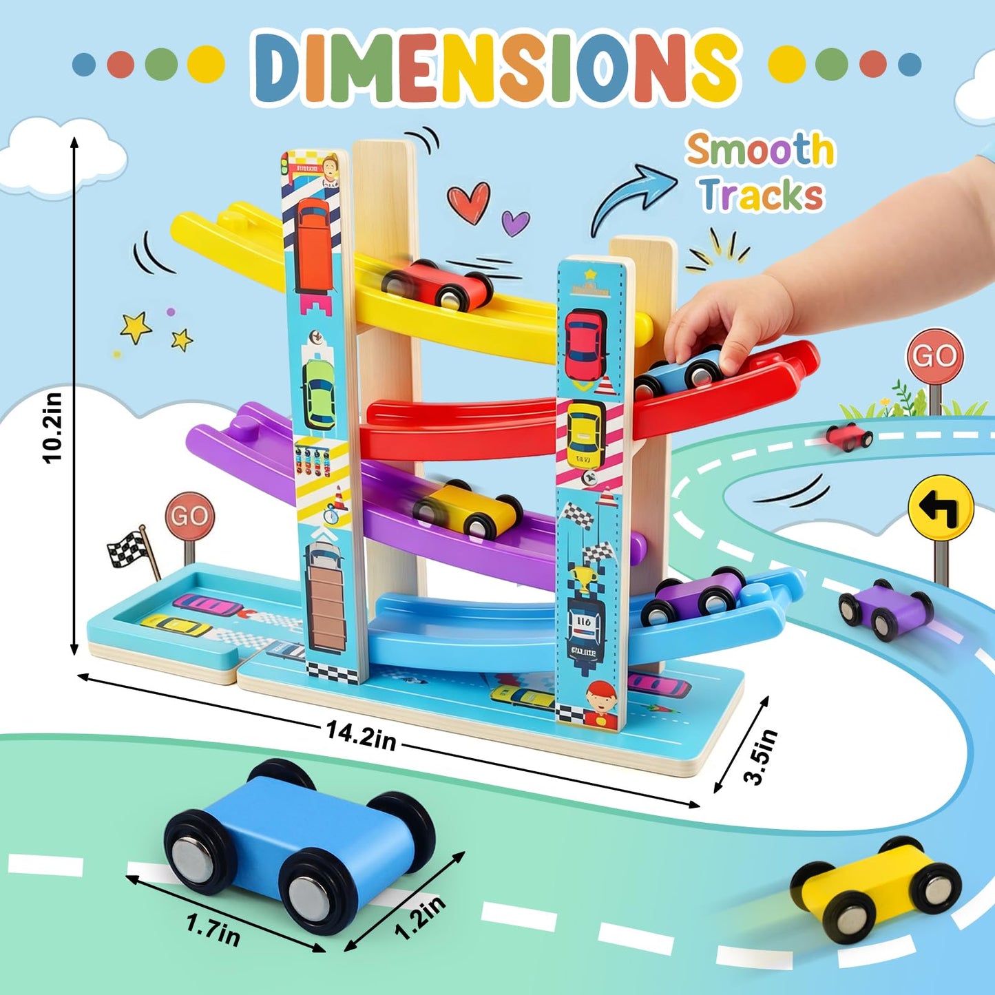 Heirio Montessori Toys for 1 2 3 Year Old Boy Girl - No Assembly Wooden Car Ramp Toy with 4 Race Cars & Parking Lot Garage, Perfect 18 Month 2nd 3rd Birthday Gifts for Toddlers Kids