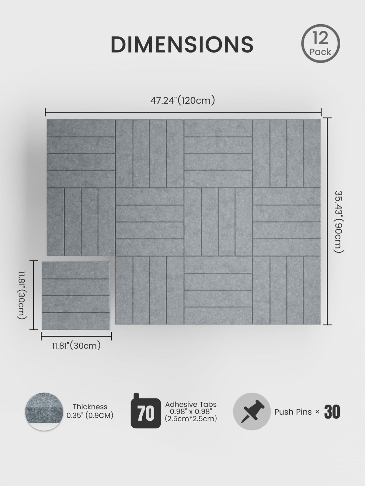 Bumusty Large Cork Board Alternative-48 x 36" Felt Bulletin Board Tiles, with 30 Pushpins, 70 Adhesive Tabs, Bold-Stripe 12-Pack, Cork Boards for Office Push Pin Board Felt Board-Blue Gray