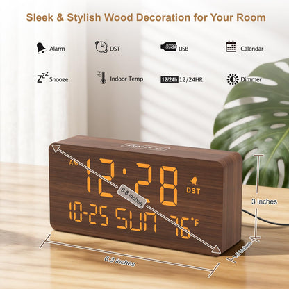 DreamSky Wooden Digital Alarm Clocks for Bedrooms - Living Room Desk Clock with Date and Day of Week, Temperature, USB Port, Dimmer Wheel, Adjustable Volume, Auto DST, Wood Decor for Office Table