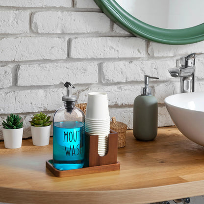 Napkin Holder for Bathroom, Acacia Wooden Guest Towel Holder Tray for Bathroom Bundle Mouthwash Dispenser for Bathroom, 16 OZ Glass Mouthwash Dispenser with Pour Spout and Acacia Wood Cup Holder