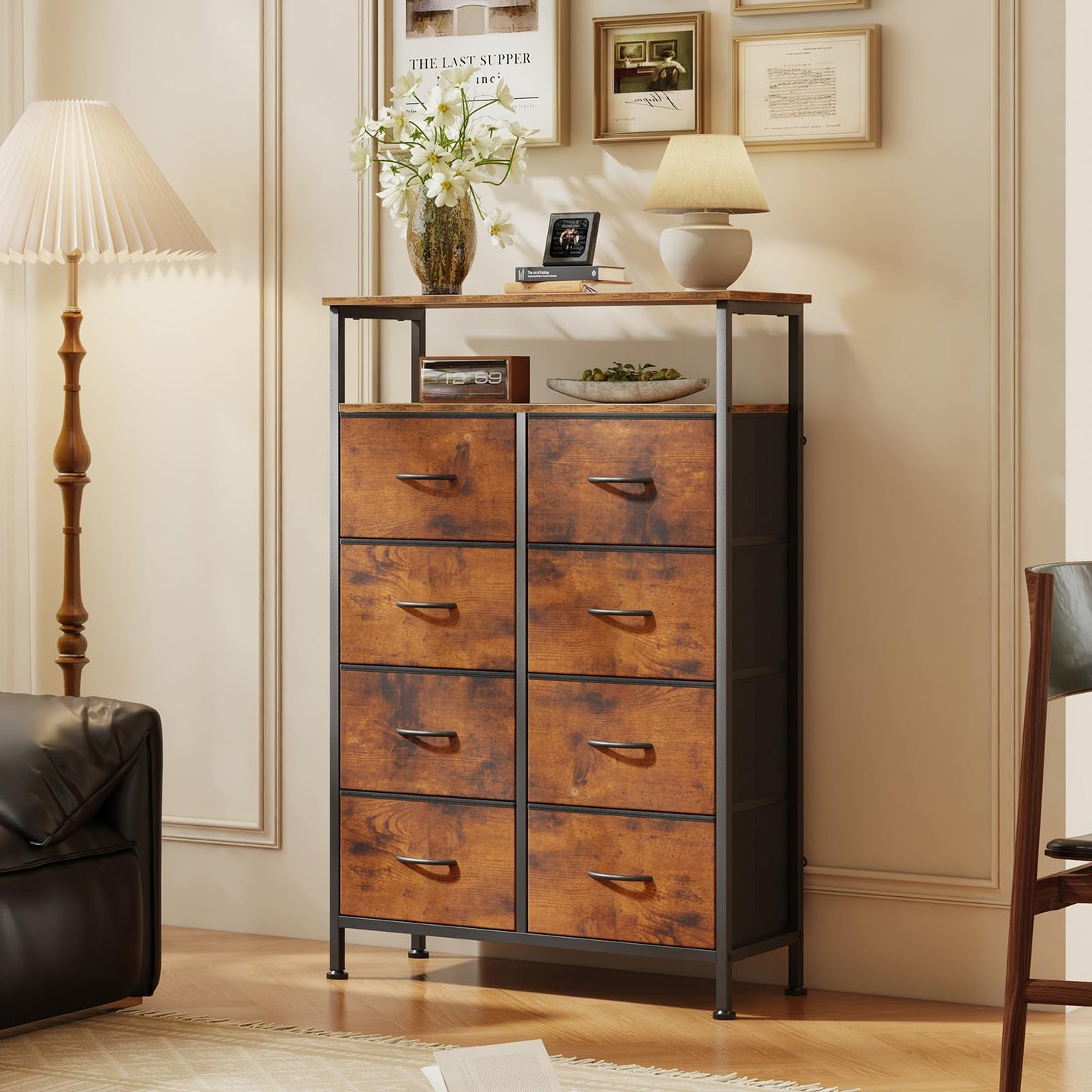DUMOS Fabric Dresser for Bedroom with 8 Drawers, Tall 8-Drawer Chest of Drawers with Raised Shelf, Storage Tower with Fabric Bins for Closet Organization, Hallway Storage, Brown