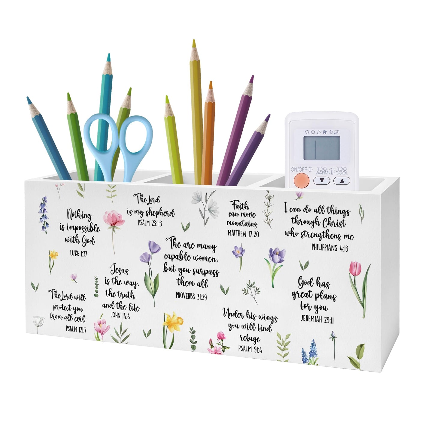 Exqcom Inspirational Floral Bible Verses Pen Pencil Holder, Christian Office Desk Decor, Religious Scripture Pencil Pen Holder Organizer for Home Office, Desk Accessories for Women