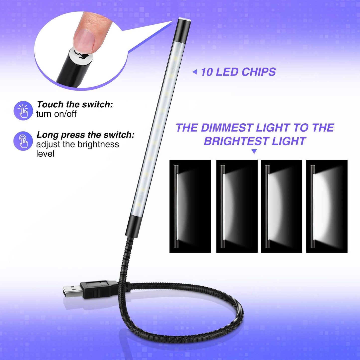 Mudder 2 Pieces USB LED Light for Laptop Keyboard Light Gooseneck Computer Lamp Flexible Stick Dimmable LED Lamp Touch Switch for Reading Book(Black, Silver)