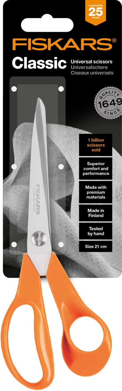 Fiskars Universal Scissors for Handcraft, Sewing and Office Work, Classic, Length: 21 cm, for Right-Handers, Orange, 1005148