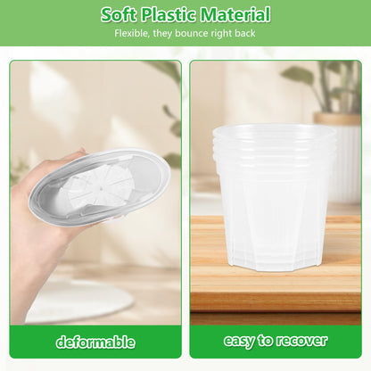 AUGXIXI 5 Set 7 Inch Transparent Plastic Garden Pots with Saucer - Planter with Drainage Hole for Indoor and Outdoor Plants - Includes 10 Plant Labels