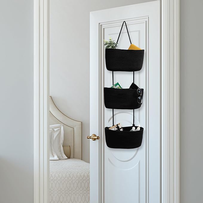 TeoKJ Over the Door Organizer, 3-Tier Woven Cotton Hanging Kitchen Baskets