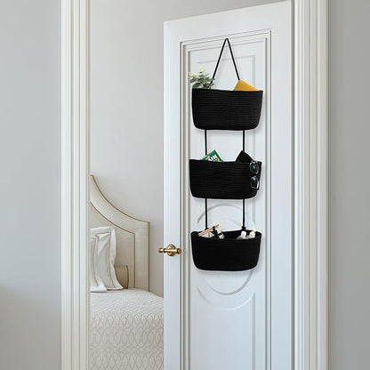 TeoKJ Over the Door Organizer, 3-Tier Woven Cotton Hanging Kitchen Baskets