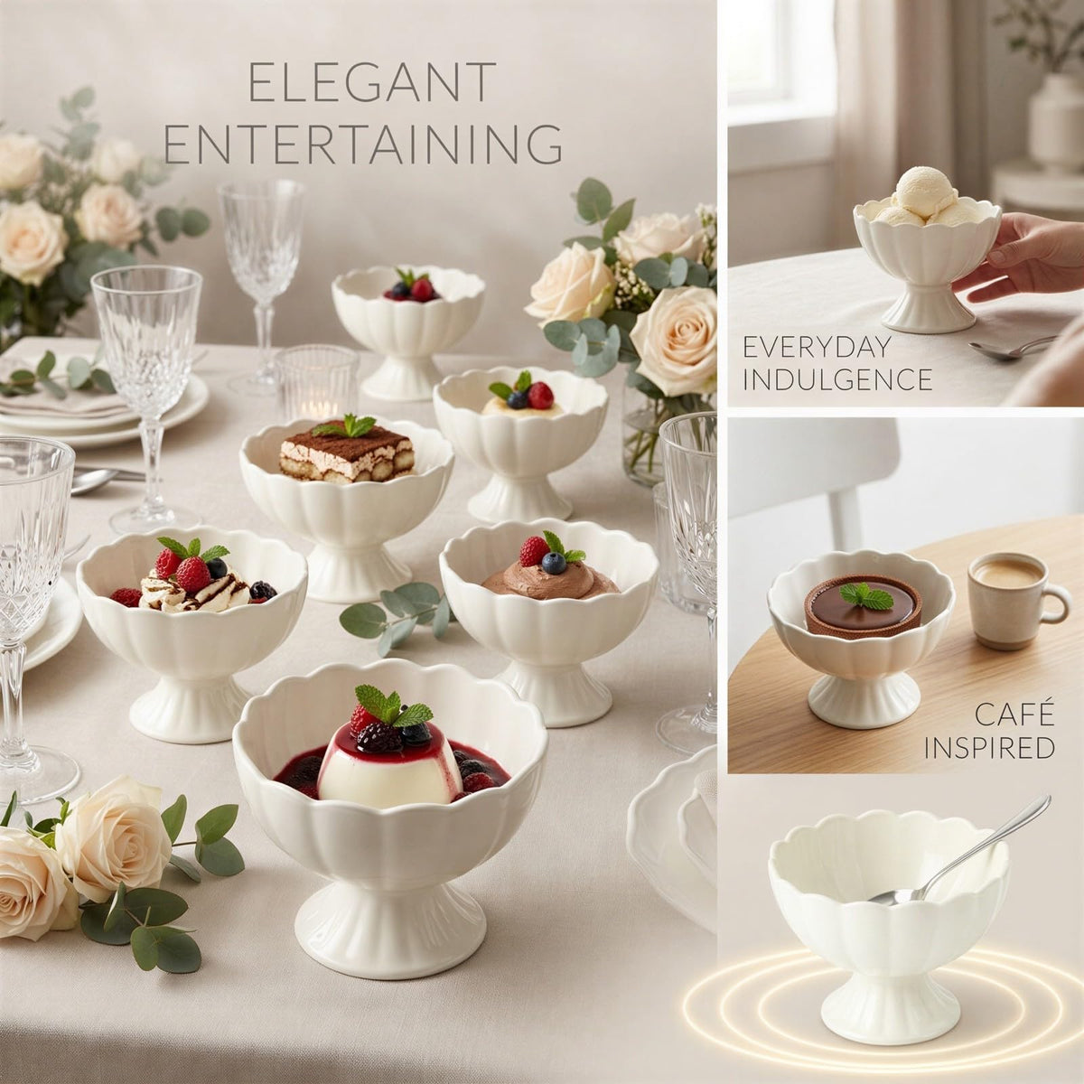 4 Pcs Ceramic Dessert Bowls Set, Elegant Scalloped Rim Pedestal Cups with 4 Spoons, 6.76 fl oz Small Dessert Bowls, Smooth Finish, Easy Clean, 4.5 x 3.5 in for Ice Cream, Snacks, Puddings, White