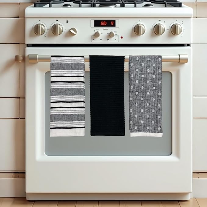 Black White Kitchen Hand Dish Towels: Oversized 28" x 16", 100% Cotton Cloth