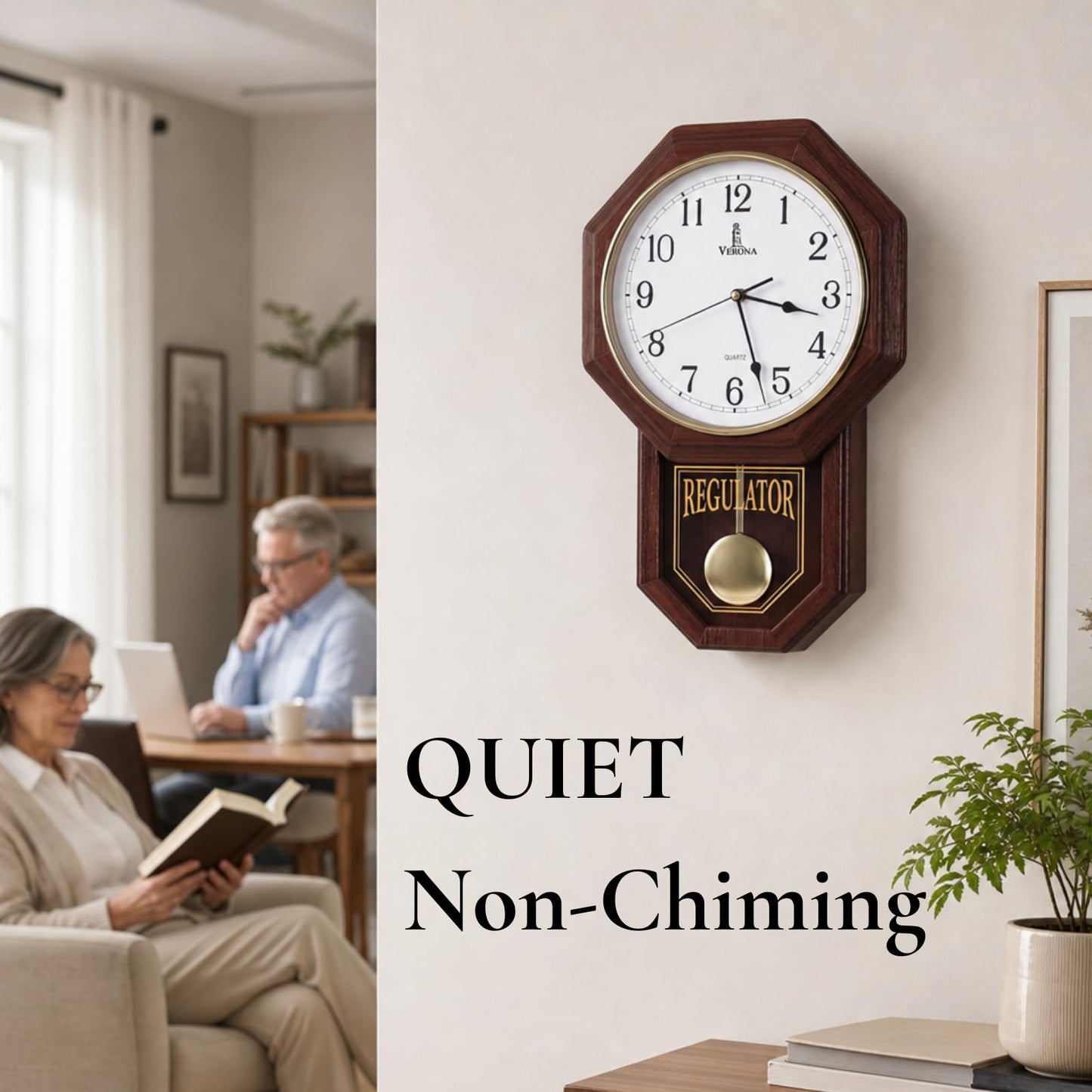 Pendulum Wall Clock - Real Wood Regulator Clock - Schoolhouse Design - Quiet, Non-Chiming, Wooden & Battery Operated - Decorative Wall Decor for Living Room, Home, Office 18x11