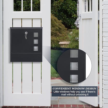 KYODOLED Locking Wall Mount Mailbox for Outside, Key Lock, Black | Heavy-Duty Steel, Large Capacity, Holds Newspapers, Magazines & Envelopes, Weather Resistant, Home & Residential Use