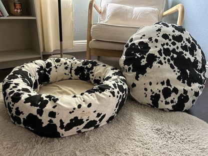 Organic Cotton Canvas Dog Bed: Removable Cover, Natural Fill - Made in USA (Cow Print Black White, Small 24" x 7" inches)