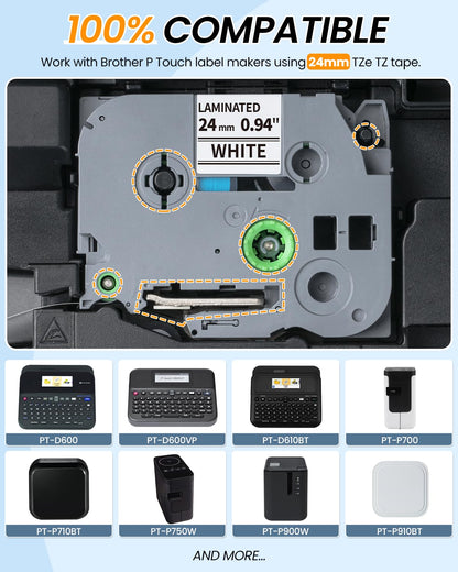 Replacement for Brother TZe-251 TZe251 P Touch Label Maker Tape 24mm TZe TZ Tape 24mm 0.94 Inch Laminated Black on White, Compatible with Brother PT-D600 PT-D610BT PT-P700, PT-P710BT PT-P910BT, 6-Pack