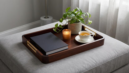 SARA NEST Premium Acacia Wooden Decorative Serving Tray with Gold-Tone Aluminum Handles, Versatile Serving Tray for Ottoman, Coffee Table, Living Room, Kitchen, Designed for Organizing & Home Decor